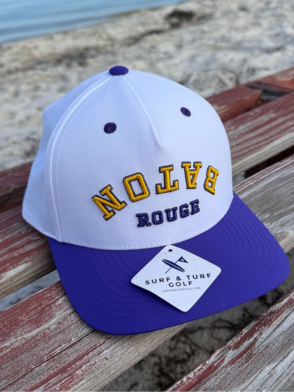 Rouge Baton Embroidered White and Purple Golf Snapback Hat
